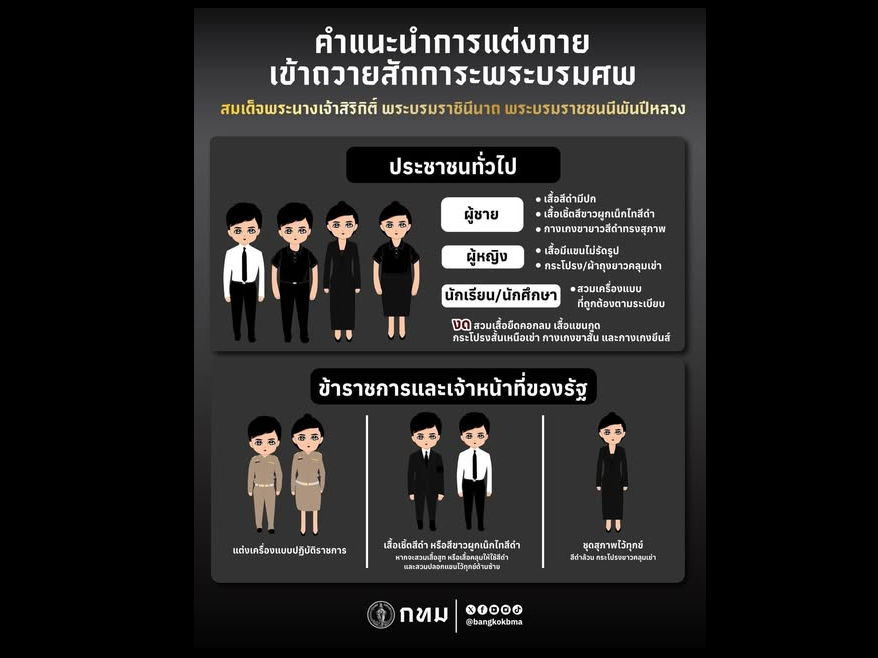 คำแนะนำการแต่งกายเข้าถวายสักการะพระบรมศพ สมเด็จพระนางเจ้าสิริกิติ์ พระบรมราชินีนาถ พระบรมราชชนนีพันปีหลวง ณ ศาลาหทัยสมาคม พระบรมมหาราชวัง